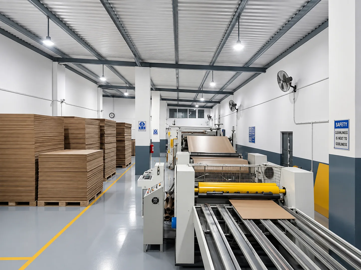 Corrugation line and stacked kraft corrugated sheets at Ghani Sons Packaging plant in New Karachi